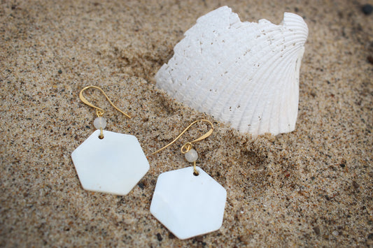 Moonstone and Hexagonal Cut Mother of Pearl Earrings