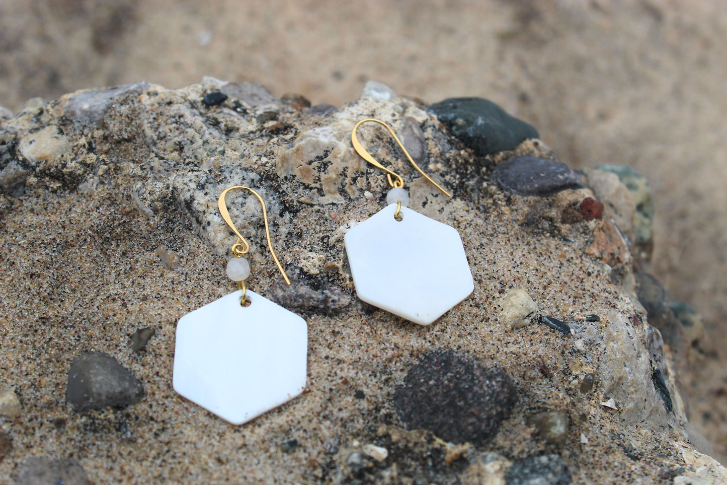 Moonstone and Hexagonal Cut Mother of Pearl Earrings