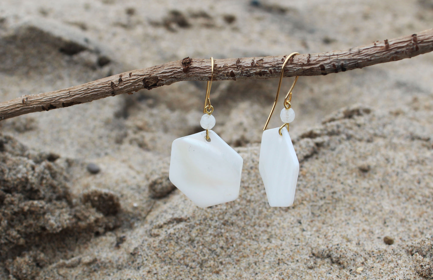 Moonstone and Hexagonal Cut Mother of Pearl Earrings