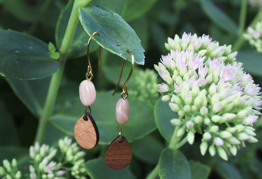 Peach Moonstone with Walnut Wood Petal Earrings