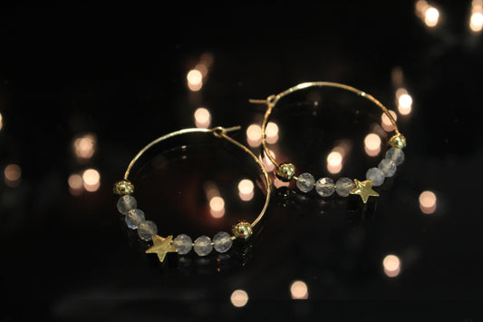 Grey Labradorite Celestial Gold Hoop Earrings