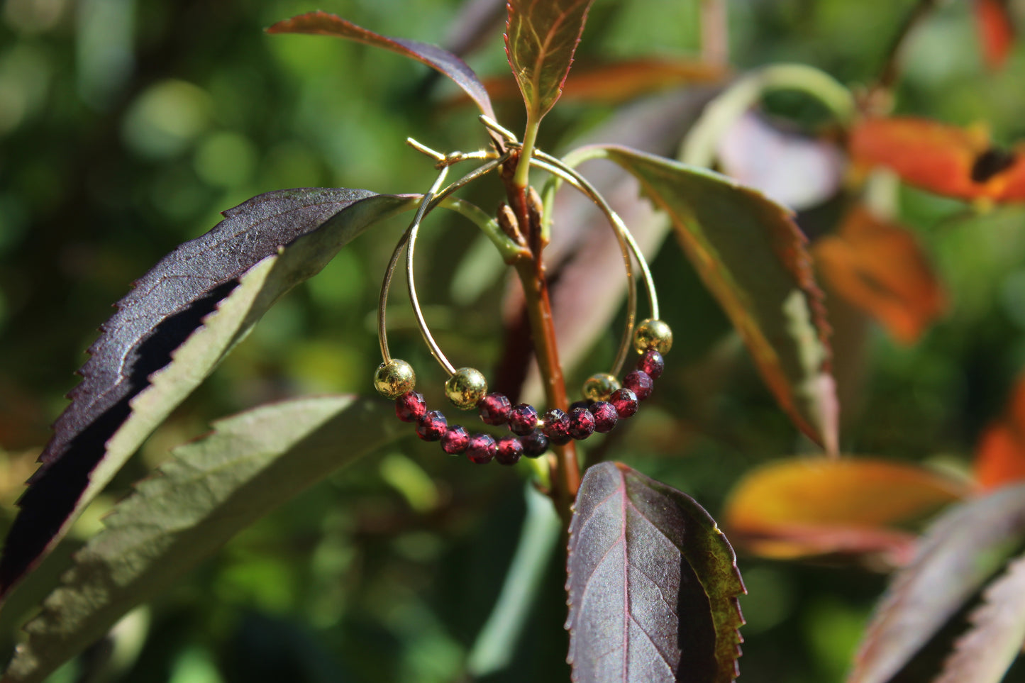 Garnet Gold Hoop Earrings