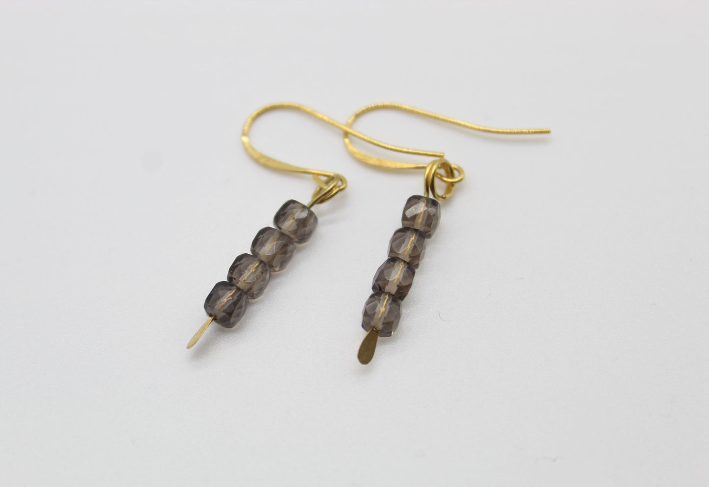 Smoky Quartz Cube Gold Drop Earrings