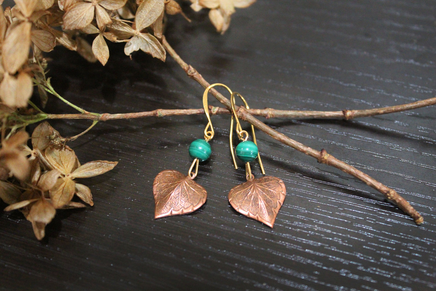 Malachite Copper Leaf Earrings
