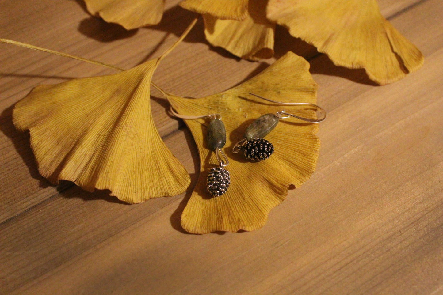 Silver Pine Cone and Green Kyanite Gemstone Earrings
