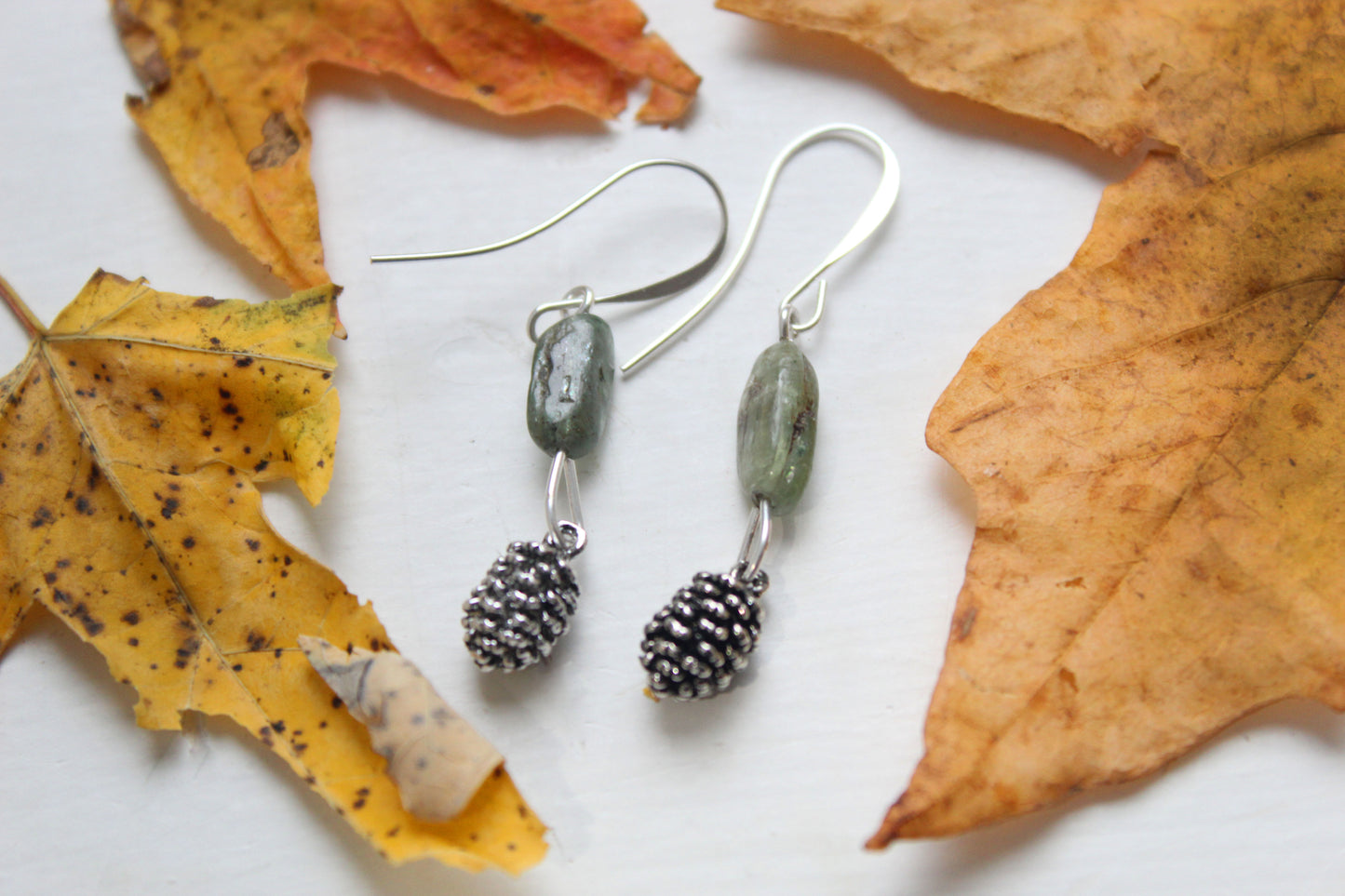 Silver Pine Cone and Green Kyanite Gemstone Earrings