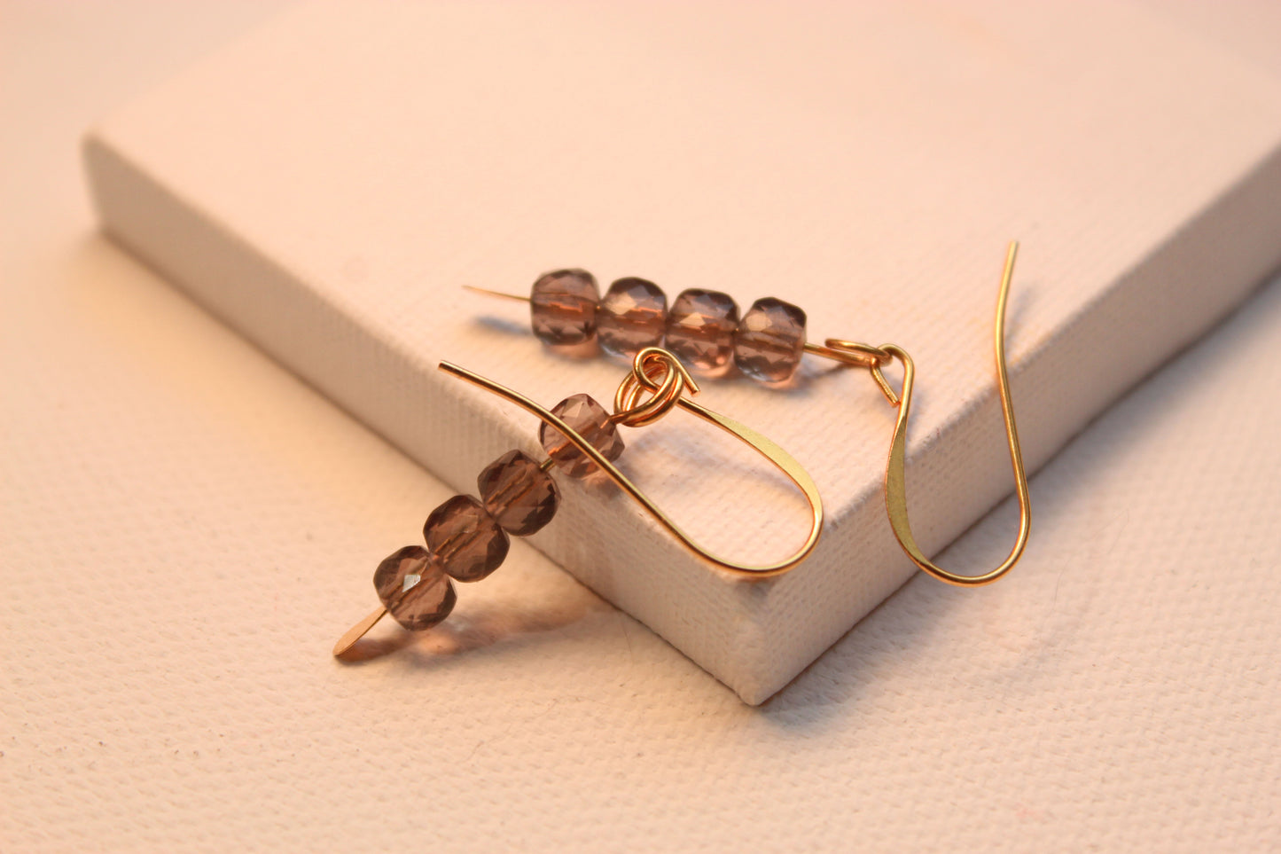 Smoky Quartz Cube Gold Drop Earrings
