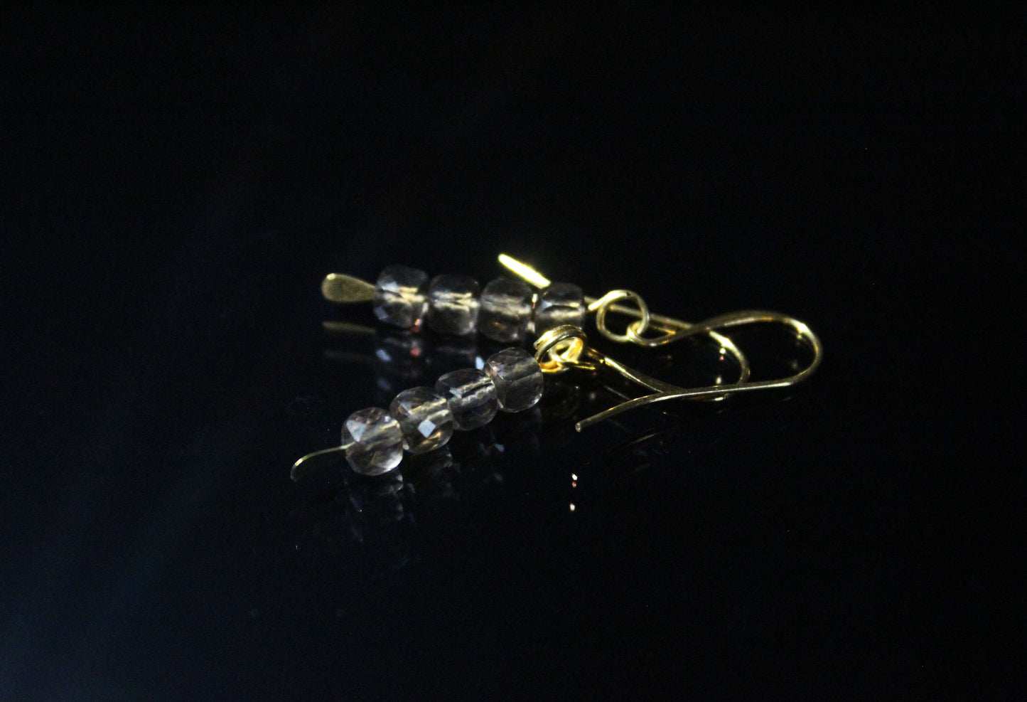 Smoky Quartz Cube Gold Drop Earrings