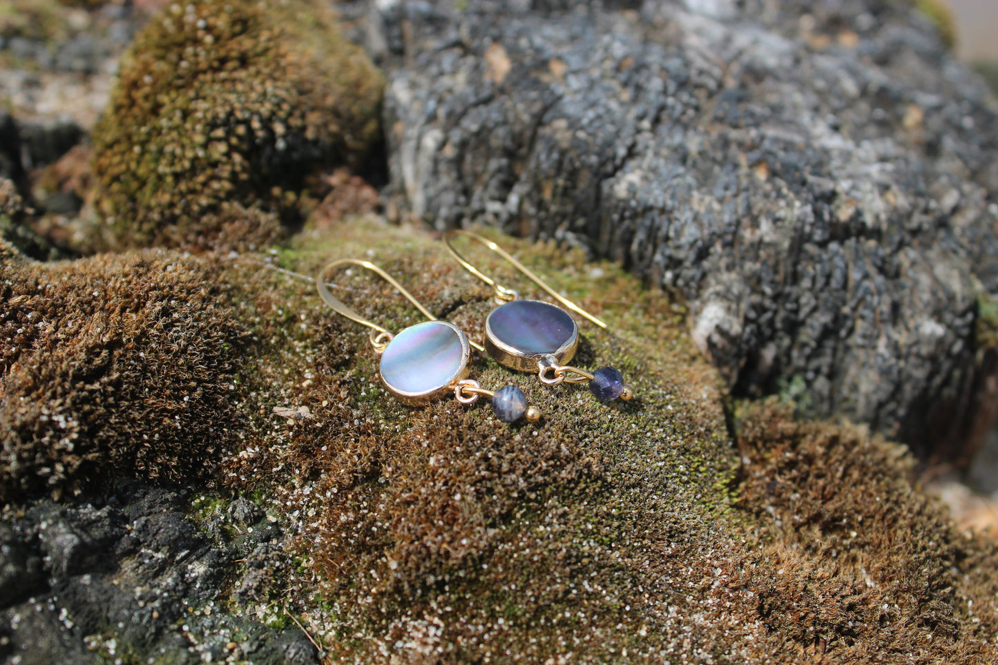 Cut Shell Blue Iolite Gemstone Earrings
