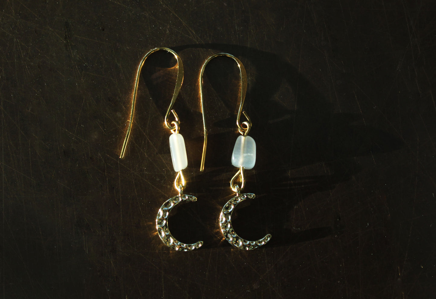 Gold Hammered Crescent Moon with Moonstone Earrings