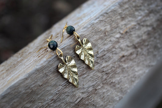 Moss Agate Falling Leaves Gold Earrings