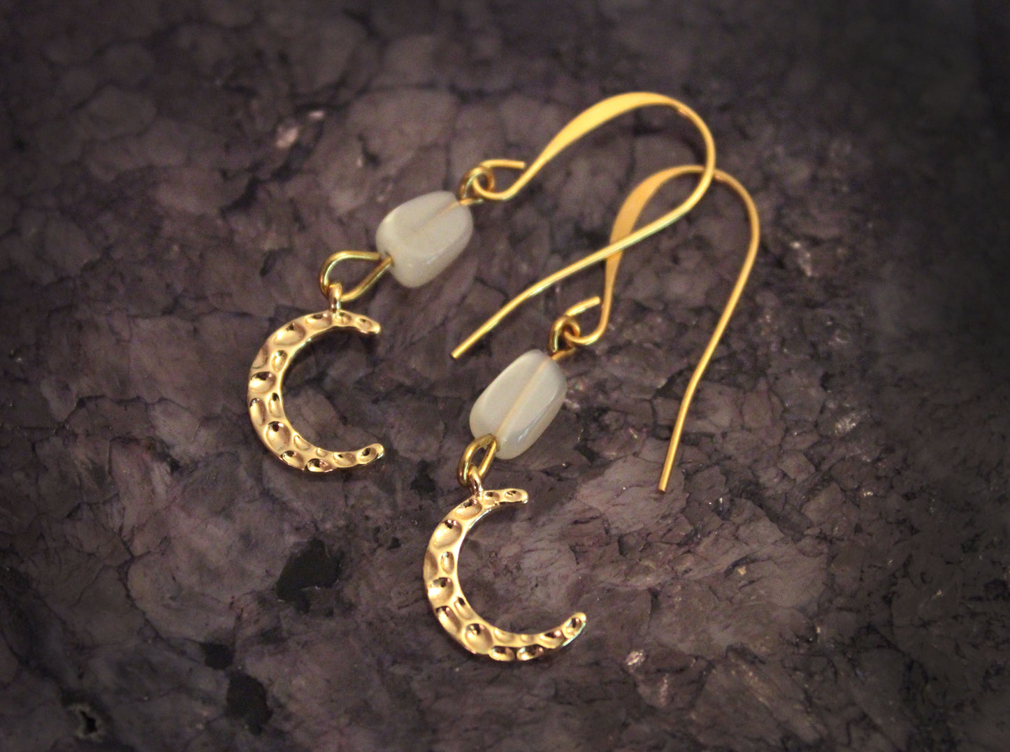 Gold Hammered Crescent Moon with Moonstone Earrings