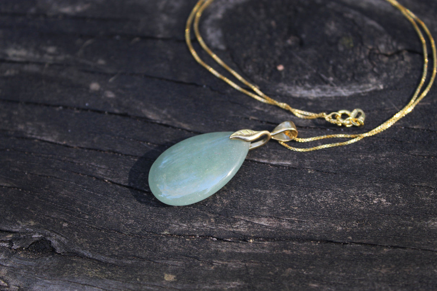 Green Aventurine Gemstone Teardrop Pendant Necklace with 20” 14k Gold-plated chain