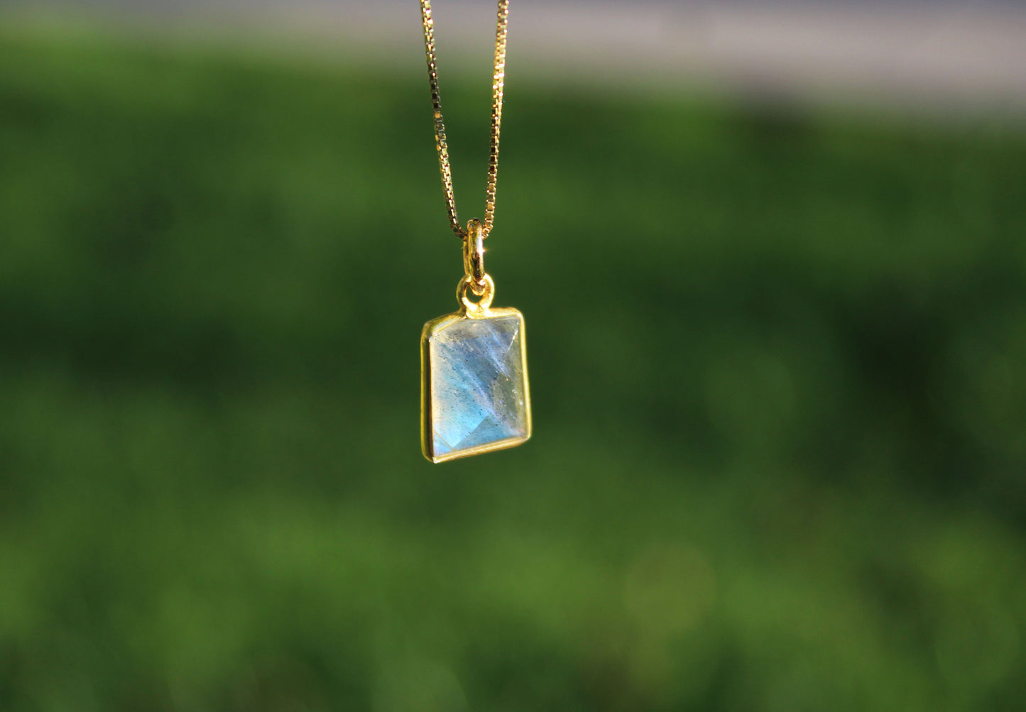 Natural Rainbow Moonstone Gemstone Pendant Necklace with 20” 14k Gold-Plated Sterling Silver chain