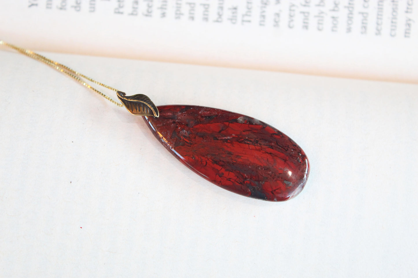 Red Jasper Gemstone Teardrop Pendant Necklace with 20” 14k Gold-plated chain