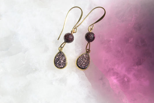 Garnet and Quartz Druzy Teardrop 14k Gold- plated Earrings