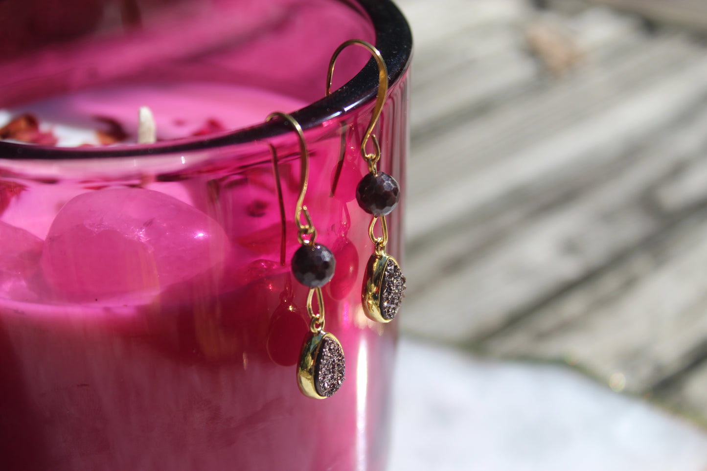 Garnet and Quartz Druzy Teardrop 14k Gold- plated Earrings