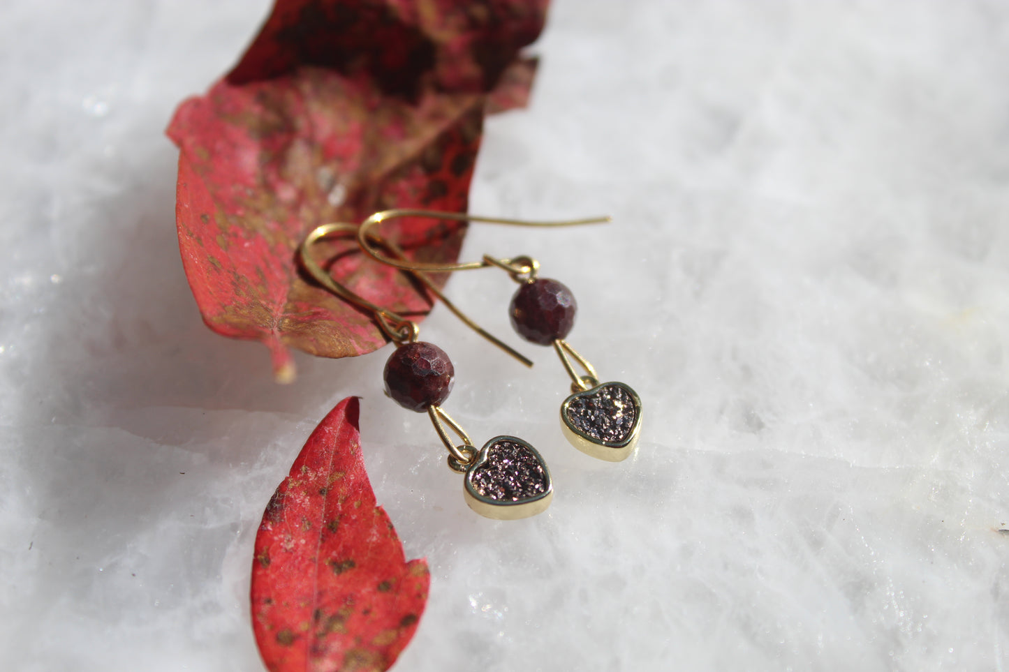 Garnet and Quartz Druzy Heart 14k Gold- plated Earrings