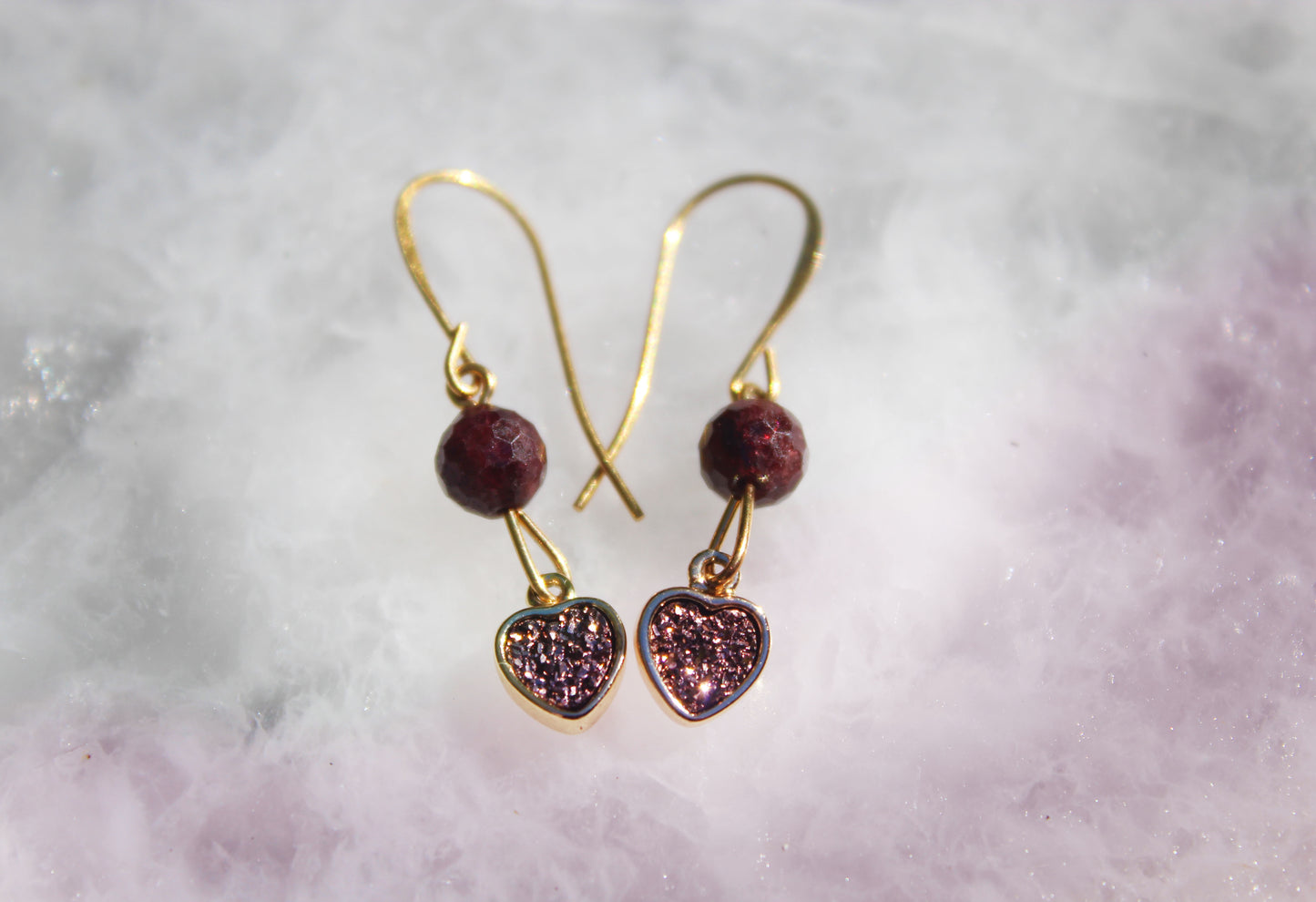 Garnet and Quartz Druzy Heart 14k Gold- plated Earrings