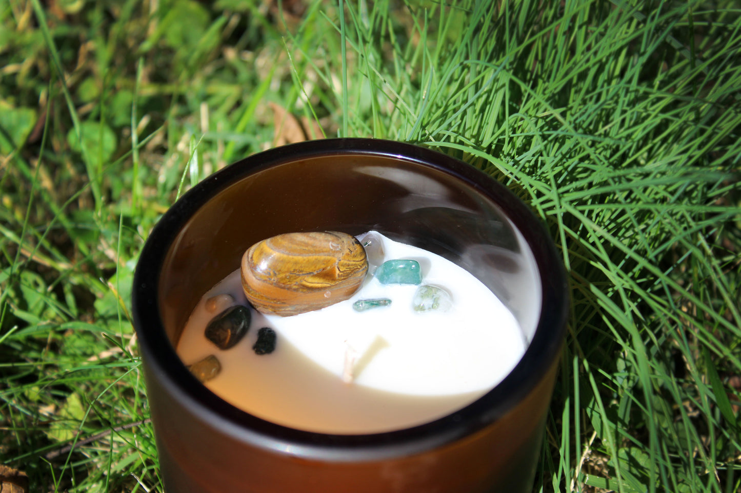 Sandalwood Soy Wax Candle with Natural Tiger’s Eye and Moss Agate Gemstones