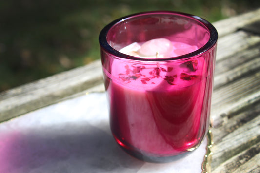 Rose and Cedar Wood Soy Candle with Natural Rode Quartz Gemstones and Michigan-Grown Rose Buds