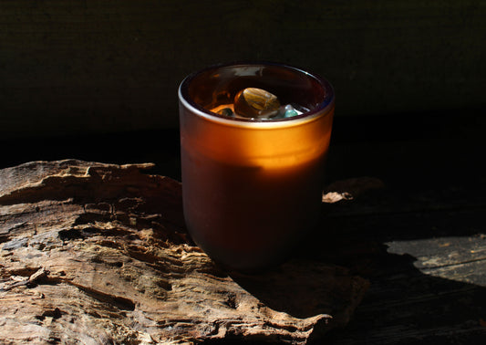 Sandalwood Soy Wax Candle with Natural Tiger’s Eye and Moss Agate Gemstones