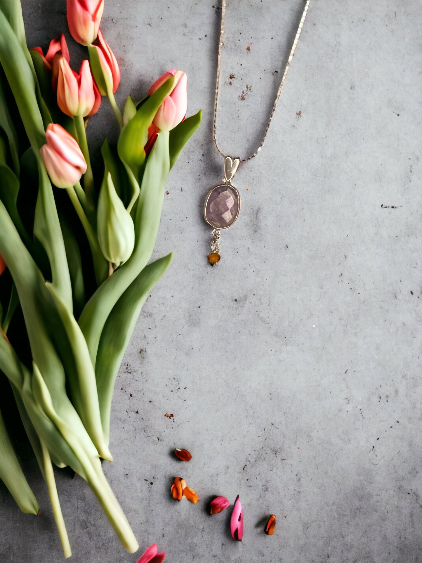 Amethyst, Yellow Tourmaline & Sterling Silver Necklace