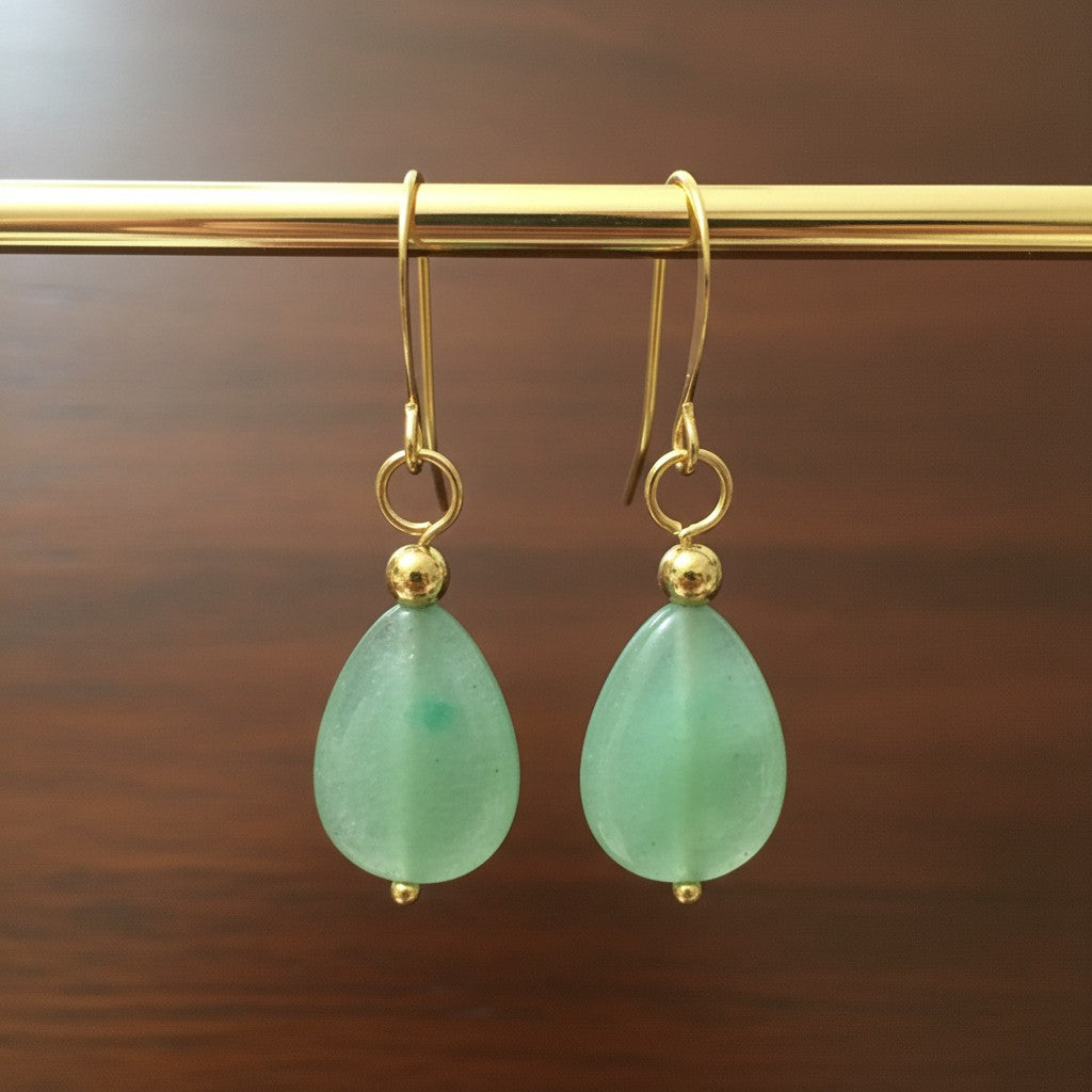 Evergreen Light green aventurine gold drop earrings by Luminous Moon
