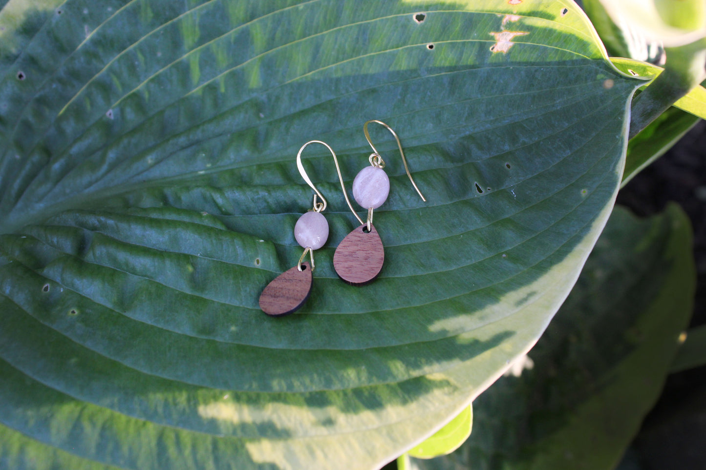 Peach Moonstone with Walnut Wood Petal Earrings