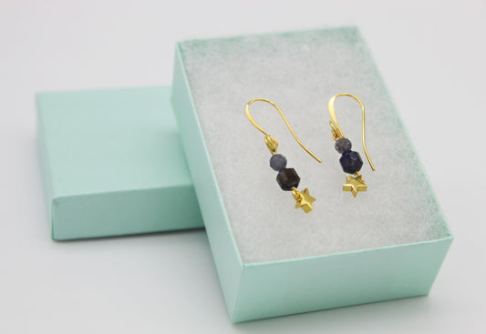 Iolite gold drop earrings with star detail by Luminous Moon