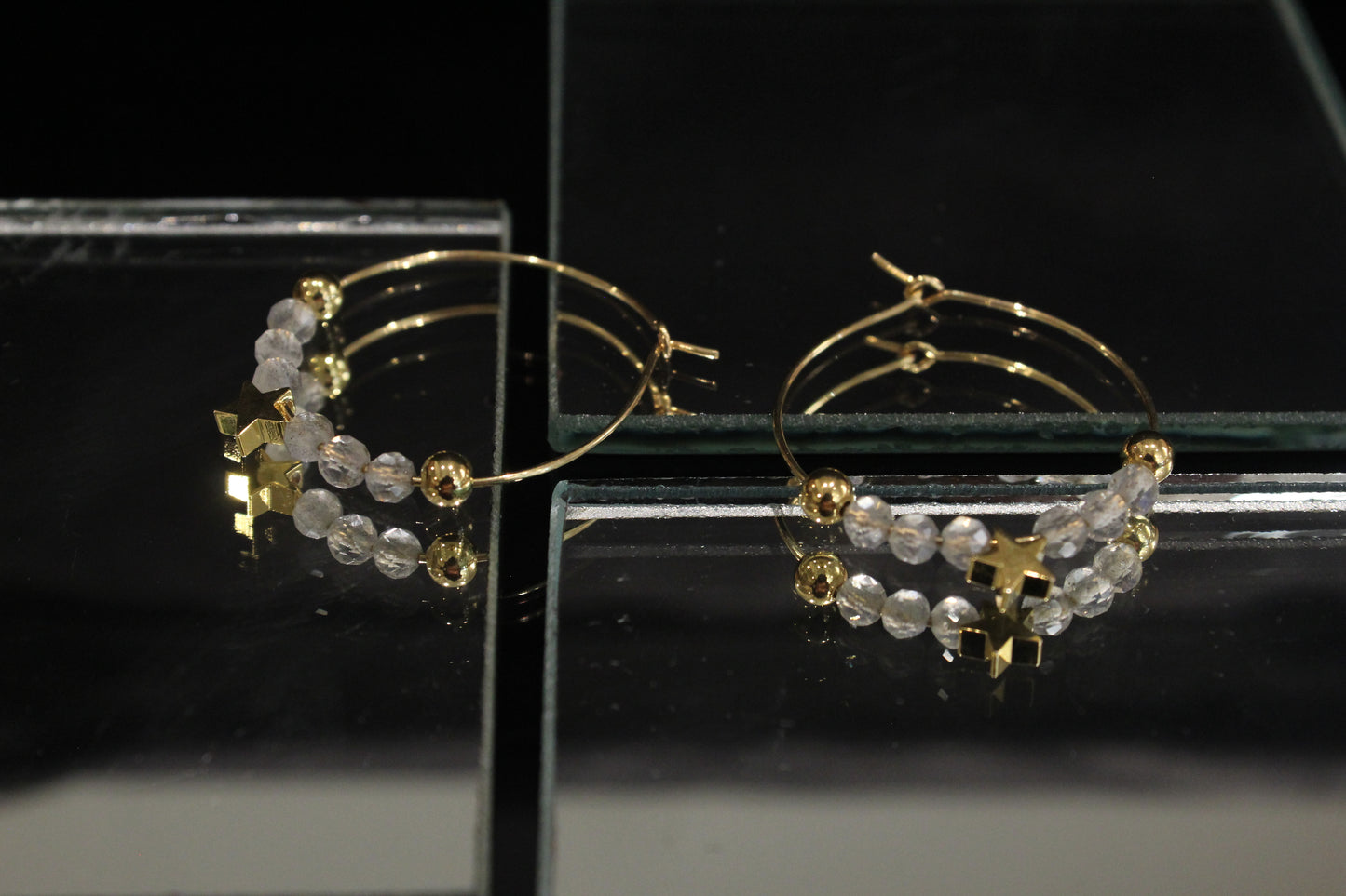 Grey Labradorite Celestial Gold Hoop Earrings