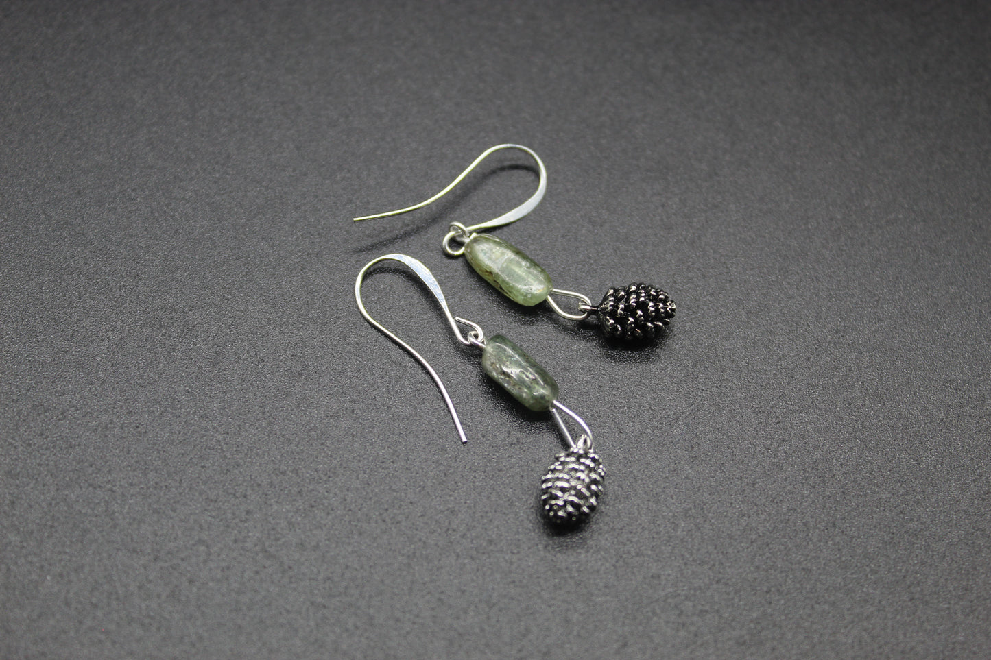 Silver Pine Cone and Green Kyanite Gemstone Earrings
