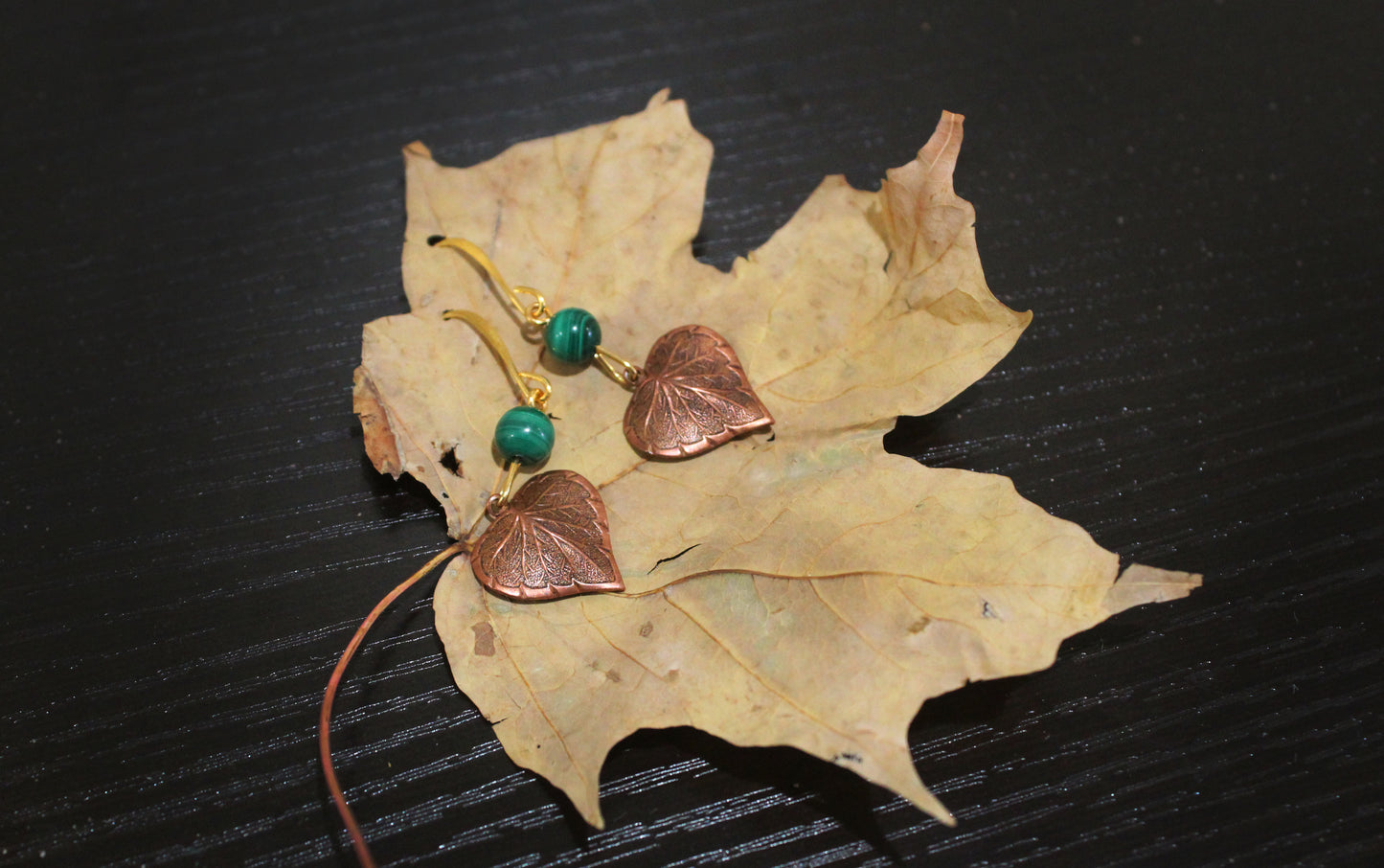 Malachite Copper Leaf Earrings