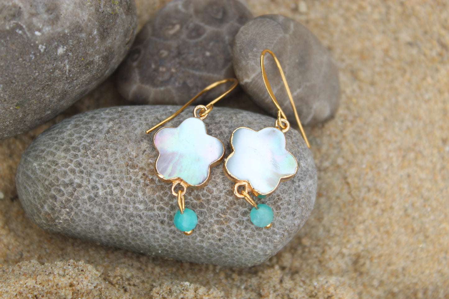 Brazilian Amazonite and Cut Shell Star Earrings