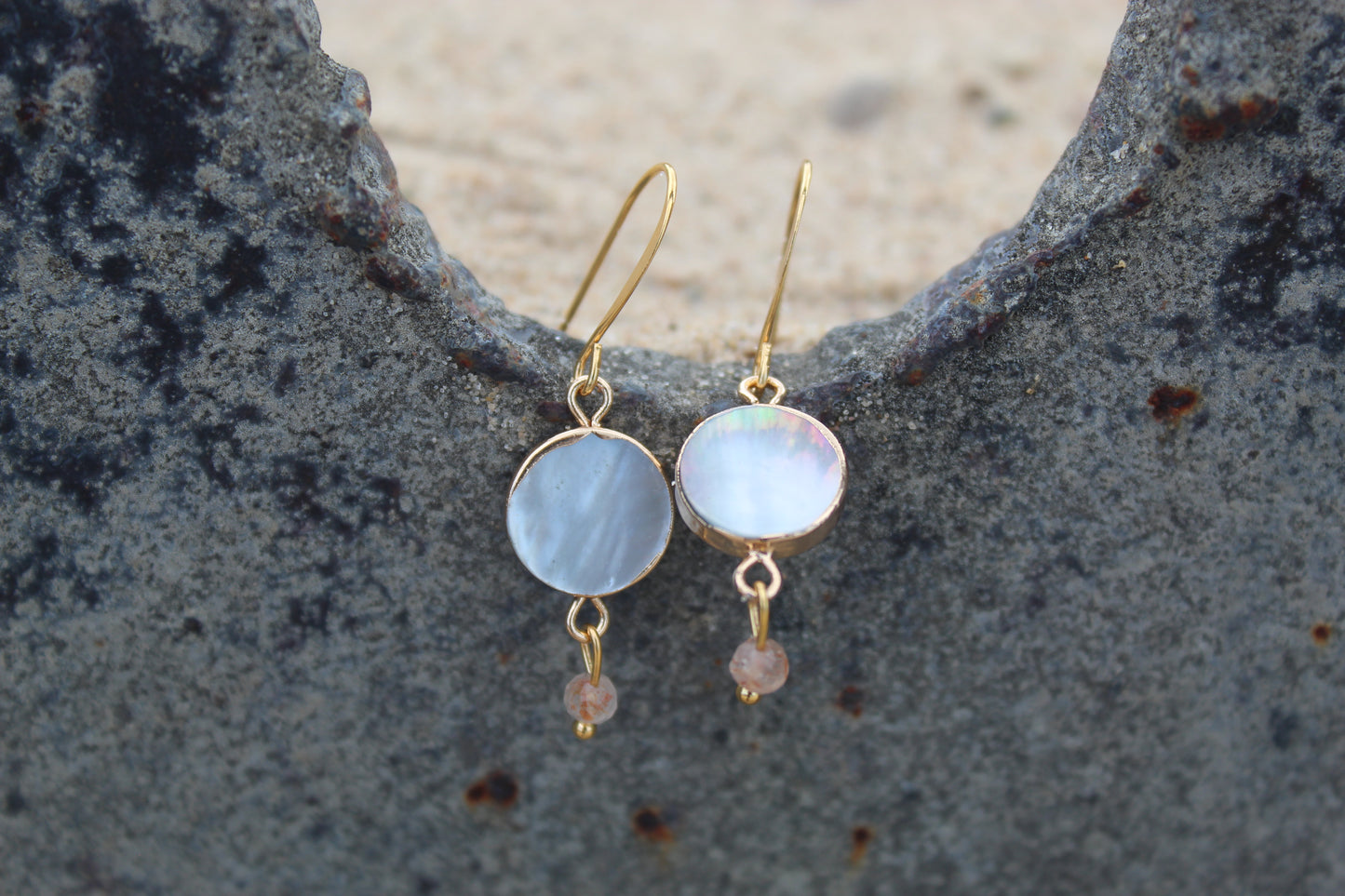 Oregon sunstone with Cut Shell Earrings