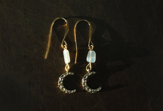 Gold Hammered Crescent Moon with Moonstone Earrings