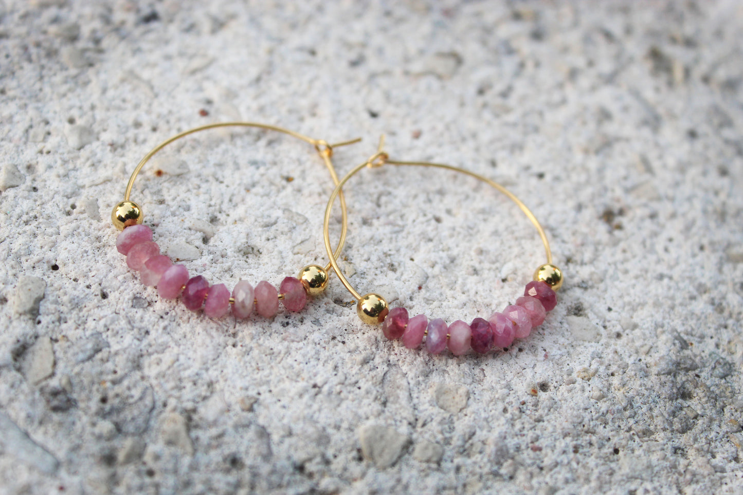 Pink Tourmaline Gemstone Gold Hoops
