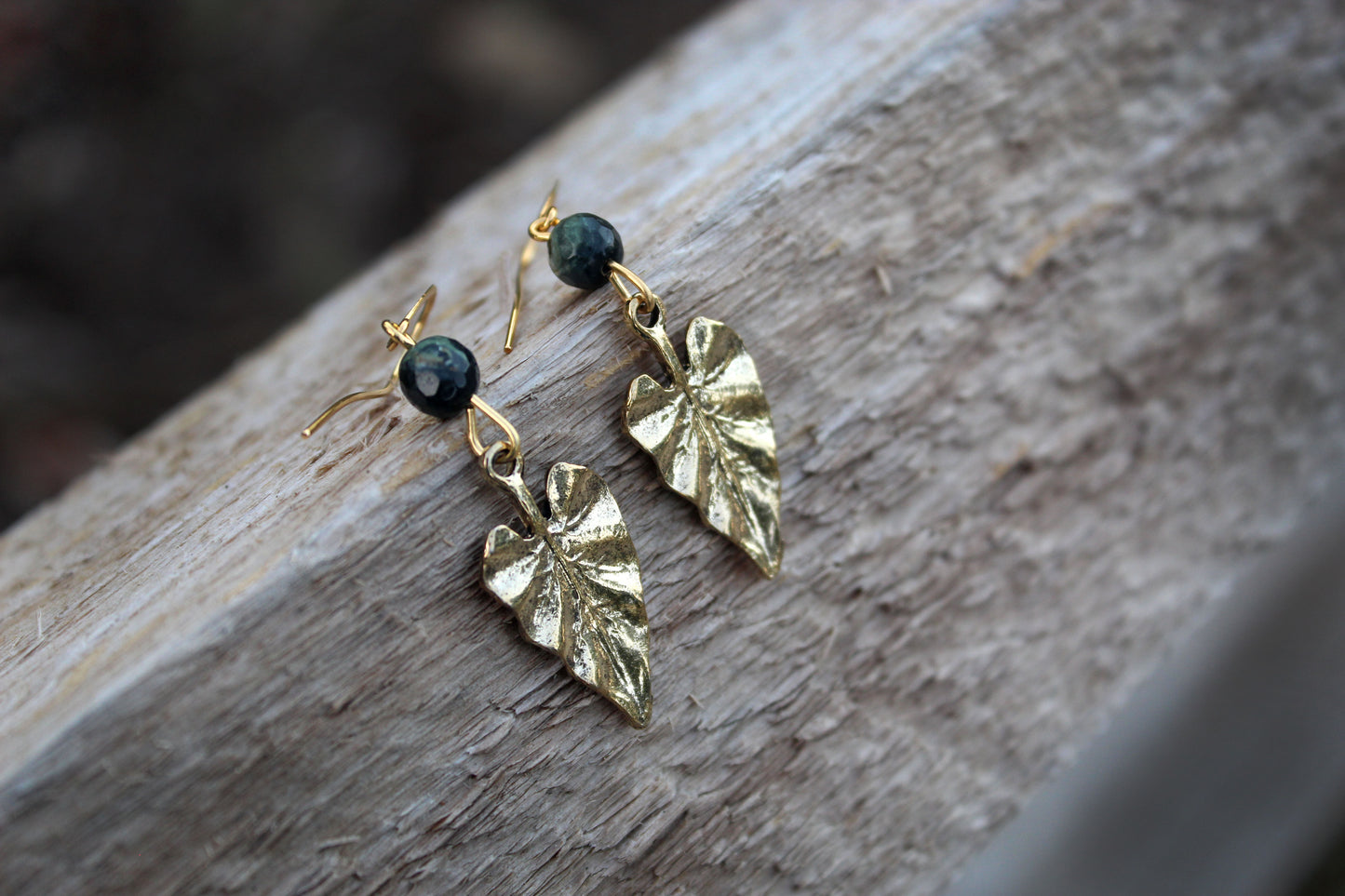 Moss Agate Falling Leaves Gold Earrings
