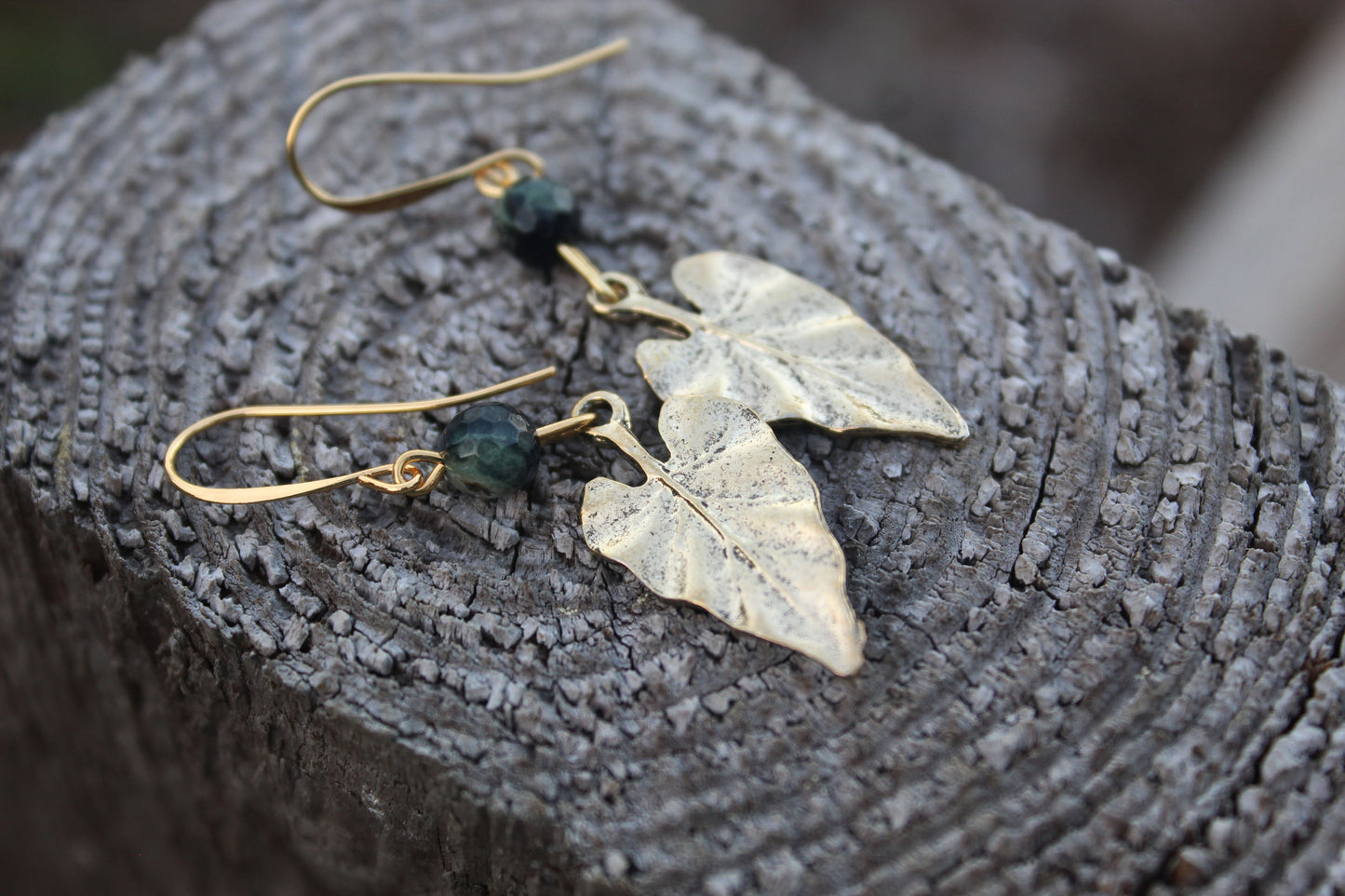Moss Agate Falling Leaves Gold Earrings