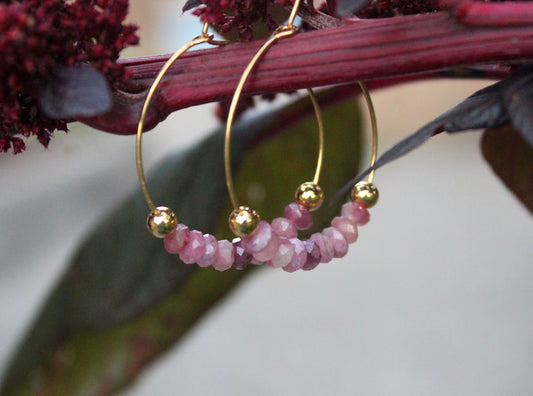 Pink Tourmaline Gemstone Gold Hoops
