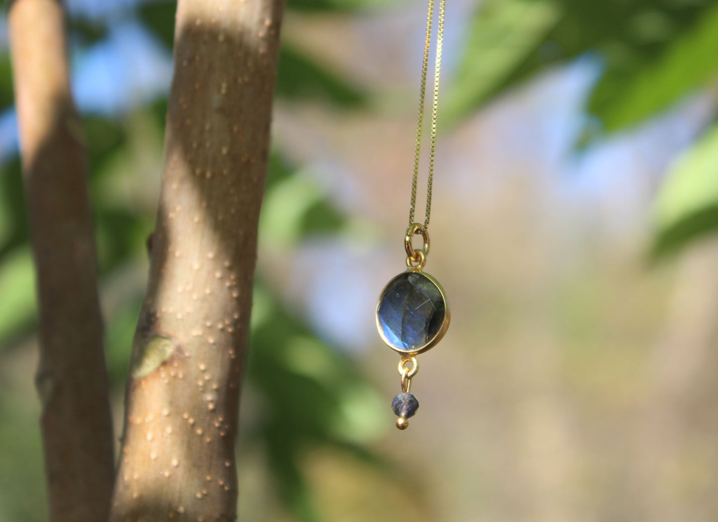 Labradorite and Blue Iolite Gemstone Pendant Necklace with 20” 14k Gold-plated chain