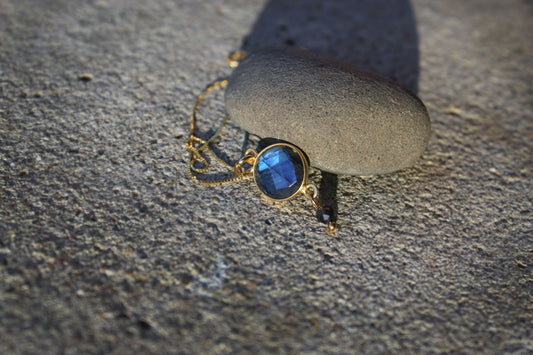 Labradorite and Blue Iolite Gemstone Pendant Necklace with 20” 14k Gold-plated chain