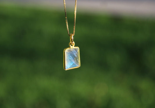 Natural Rainbow Moonstone Gemstone Pendant Necklace with 20” 14k Gold-Plated Sterling Silver chain