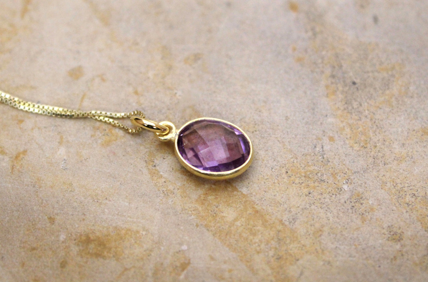 Amethyst Gemstone Necklace with 14k  Gold-plated Sterling Silver Chain