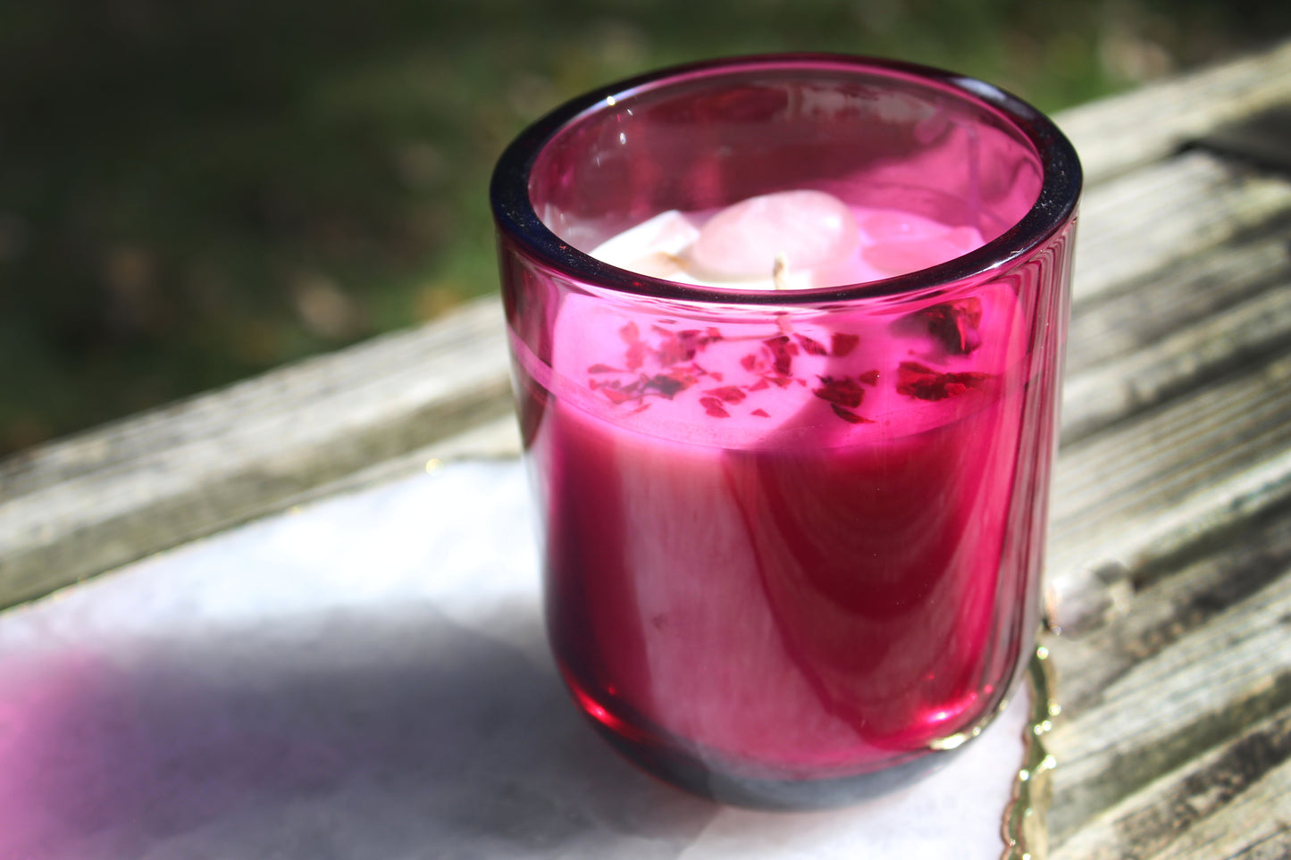 Rose and Cedar Wood Soy Candle with Natural Rode Quartz Gemstones and Michigan-Grown Rose Buds