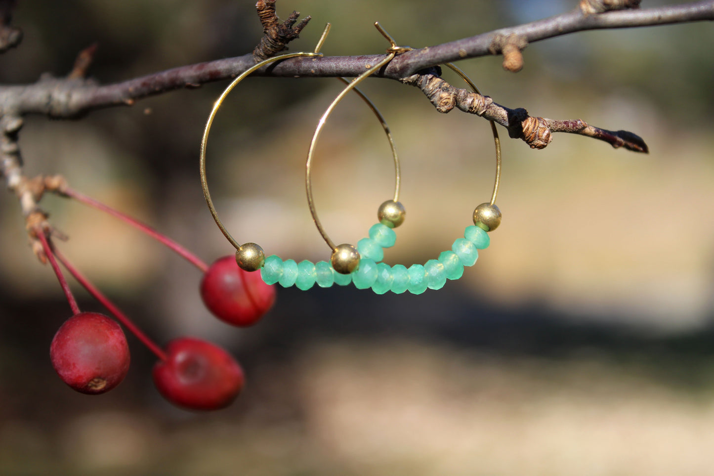 Natural Green Aventurine Gemstone Gold Hoops