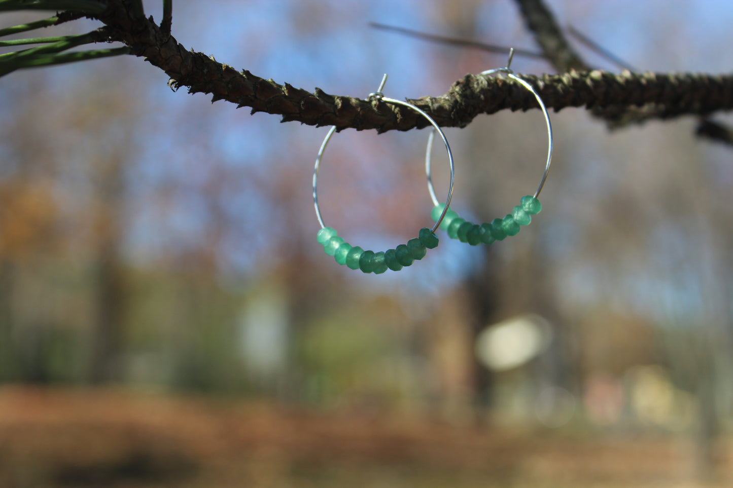 Natural Green Aventurine Gemstone Hoop Silver Earrings