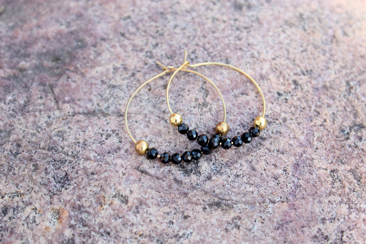 Natural Black Spinel Gemstone Gold Hoop Earrings