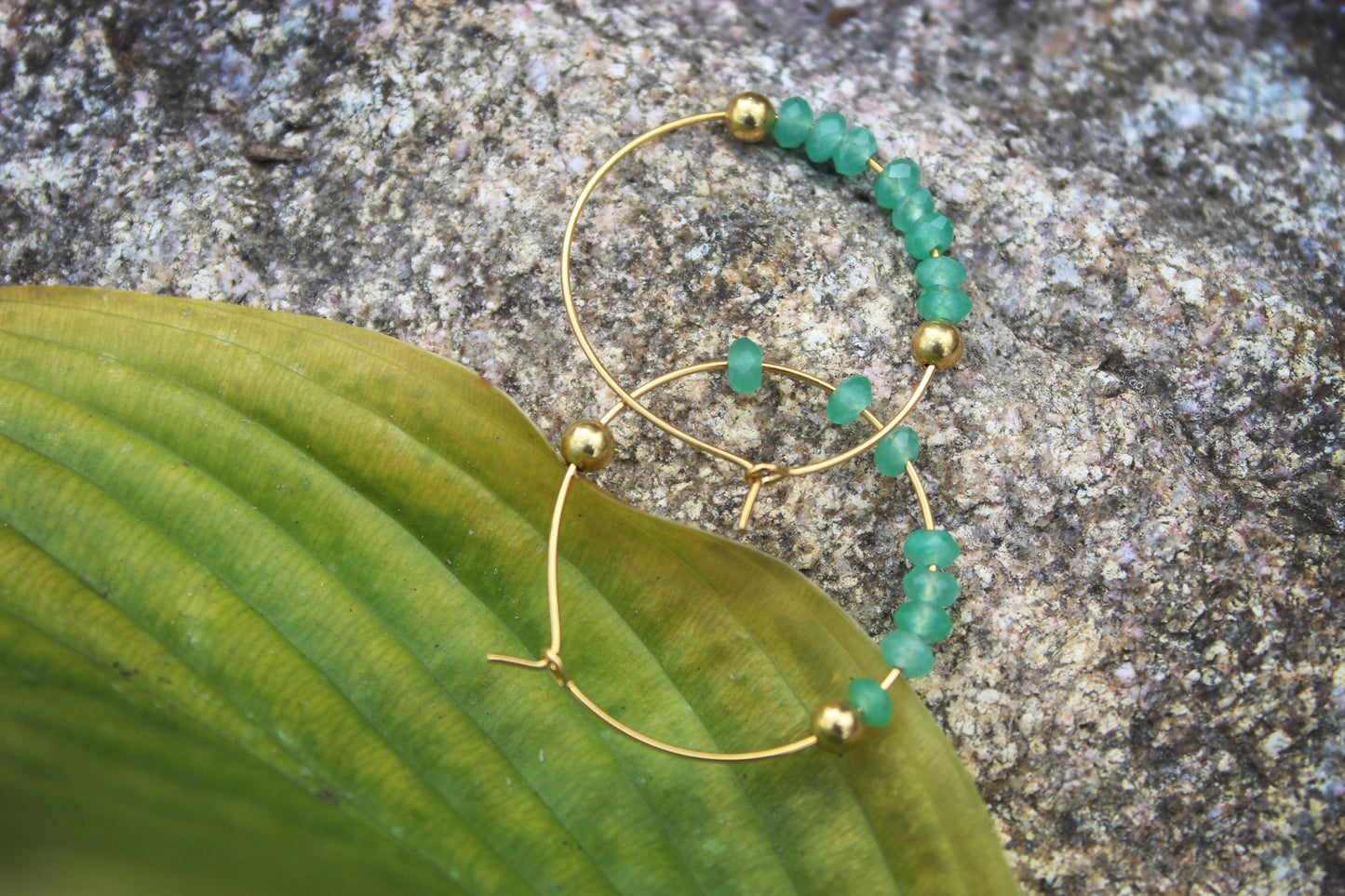 Natural Green Aventurine Gemstone Gold Hoops
