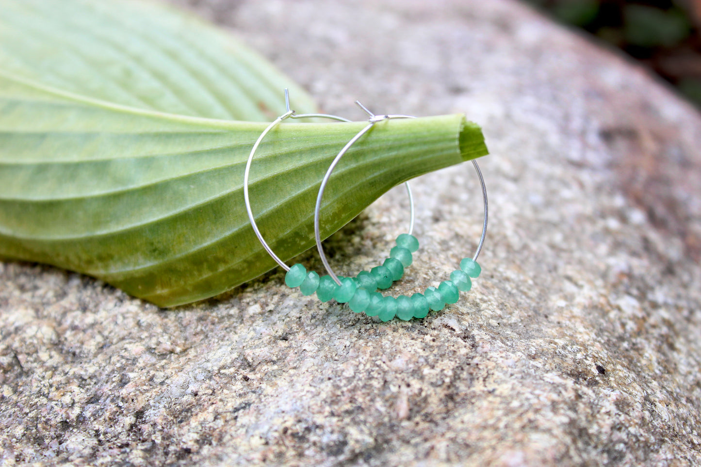 Natural Green Aventurine Gemstone Hoop Silver Earrings